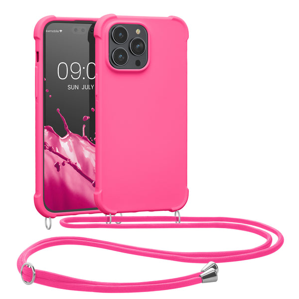 TPU Case matt mit Kordel zum Umhängen für Apple iPhone 14 Pro Max Neon Pink