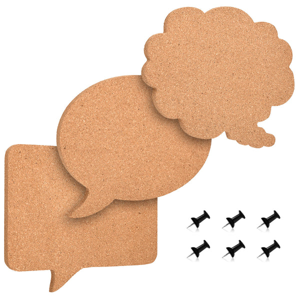 Navaris Cork Memo Board Set - 3x Pieces Decorative Cork Boards in Different Speech and Thought Bubble Shapes with Push Pins for Kitchen, Home, Office