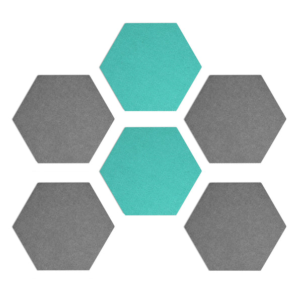 Hexagon Felt Board Tiles - Set of 6 Notice Memo Bulletin Boards with Push Pins Pack 5.9 x 7 inches (15 x 17.7 cm) - Grey, Turquoise