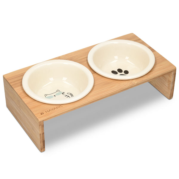 Navaris Ceramic Cat Bowls with Stand - Raised Food and Water Bowl Set for Cats on Elevated Wooden Riser - Eco-Friendly Cat and Paw Design - 2 Bowls