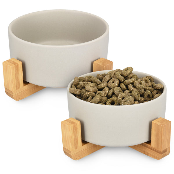Ceramic Elevated Cat Bowls - Raised Double Food and Water Bowl Set for Cats and Small Dogs with Wood Stands - No Spill Eco Friendly Pet Bowls