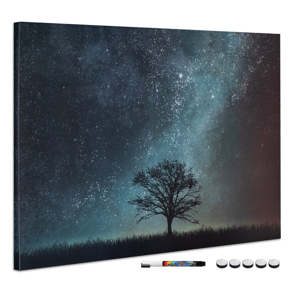 Navaris Magnetic Memo Board Whiteboard - Dry Erase White Board with Design for Wall - Includes Marker and Magnets - Starry Sky and Tree, 60 x 90 cm