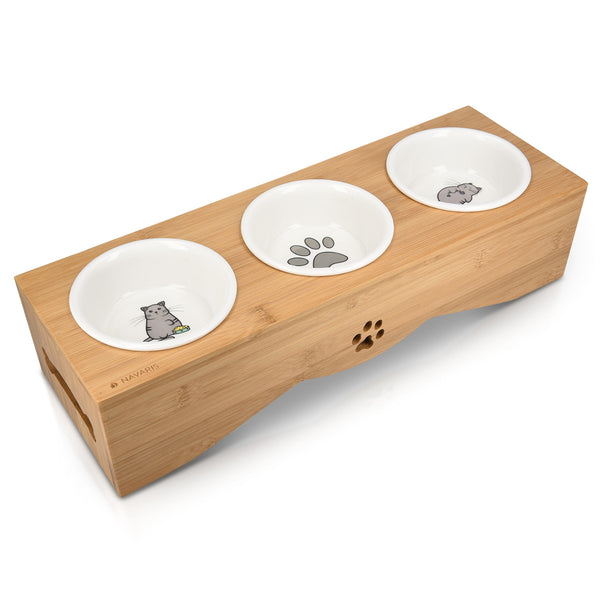 Navaris Raised Pet Bowls Stand - Elevated Triple Feeder for Cats and Small Dogs - Ceramic Cat and Dog Bowl Set with Printed Designs and Wooden Holder