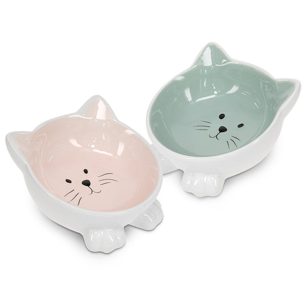 2 x Ceramic Cat Bowls - Twin Pack of Cat Feeding Dishes with Anti Slip Silicone Feet - Rose and Green Cat Shaped Food and Water Bowls for Cats