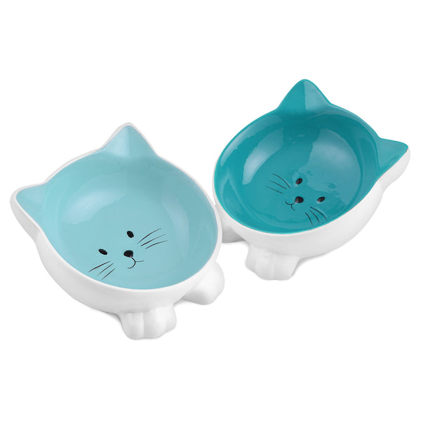 2x Cuenco para mascotas con forma de gato - Comedero y bebedero doble de cerámica para perros o gatos - Inclinados y antideslizantes - Azul