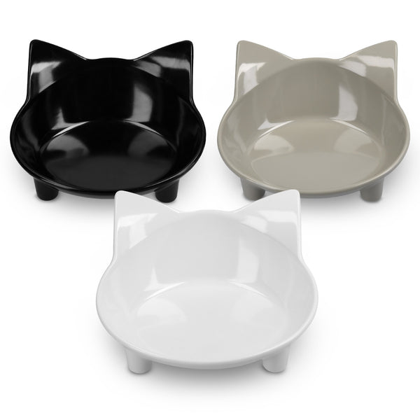 Navaris Cat Bowls with Ears (Set of 3) - Cute Feeding Bowl Set for Cats and Kittens - Non-Slip Melamine Dishes for Food and Water - Black, Grey, White