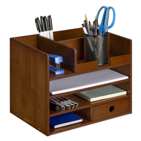Organisateur de bureau - Boîte de rangement 33 x 24 x 26 cm en bambou avec 1x tiroir et compartiments - Organiseur fourniture de bureau