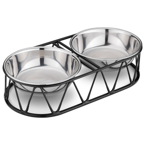 Navaris Steel Pet Bowl Set - Double Food Water Bowls for Cats, Small Dogs and Puppies with Metal Stand - Set of 2 Bowls