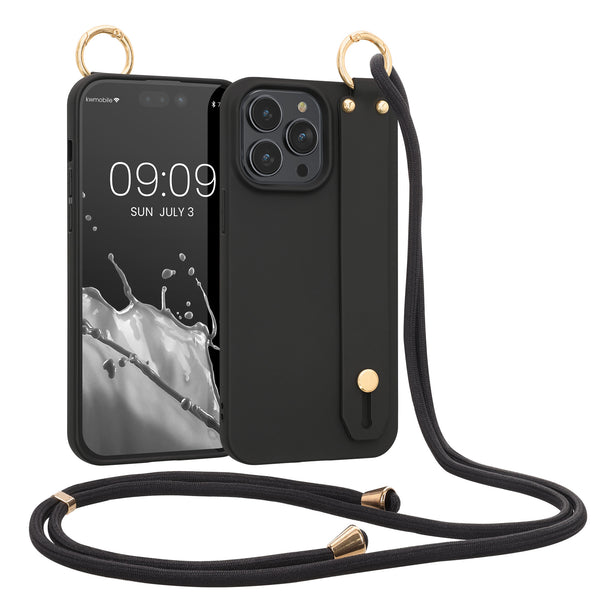 TPU Case mit Handschlaufe und Kordel zum Umhängen für Apple iPhone 14 Pro Max Schwarz